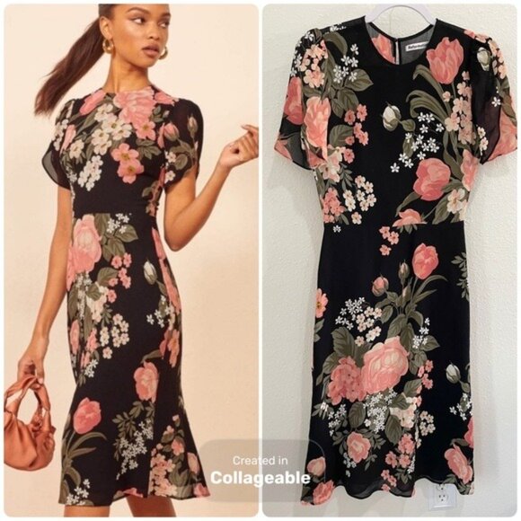 Reformation Floral Andre Feminine Sheath Dress Midi Elegant Moody Chic Casual - Picture 1 of 9